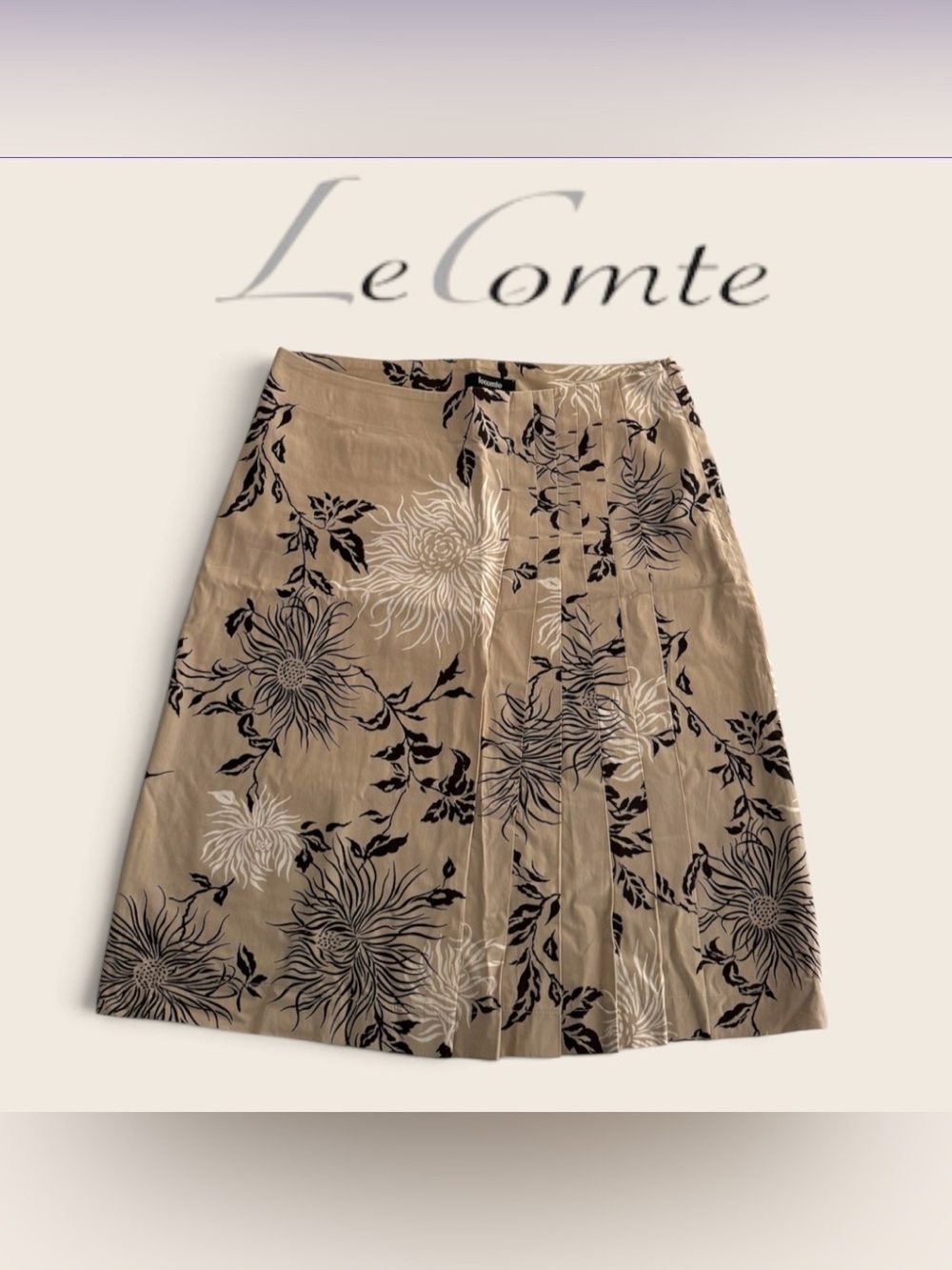 Lecomte Beige and Brown Floral Pleated Women’s Midi A-line Skirt - Picture 1 of 4